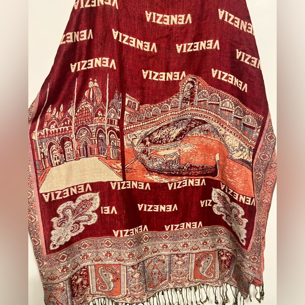 Venezia Italy Red Tassle Printed Scarf